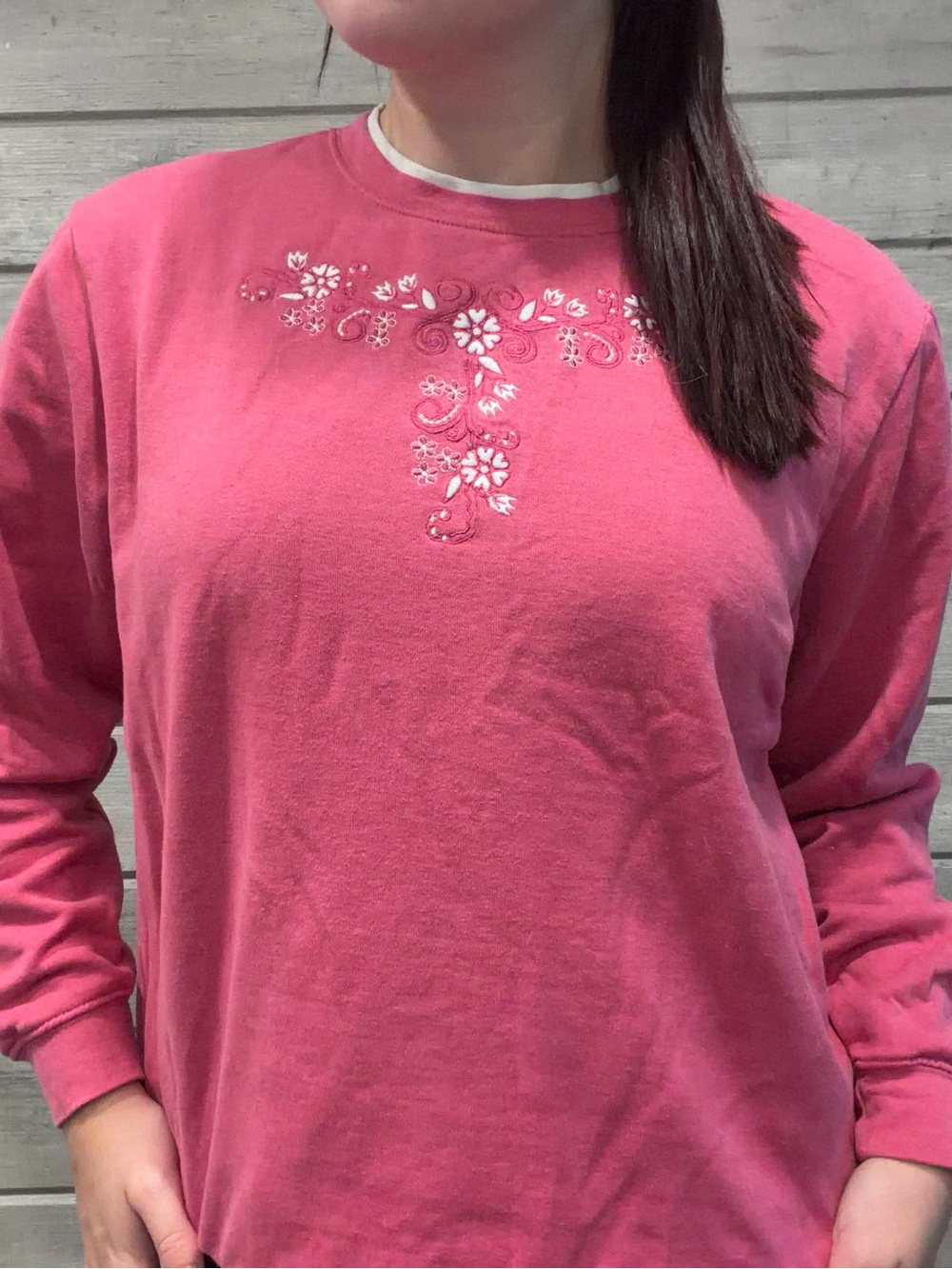 Vintage Pink Embroidered Floral Crewneck Top